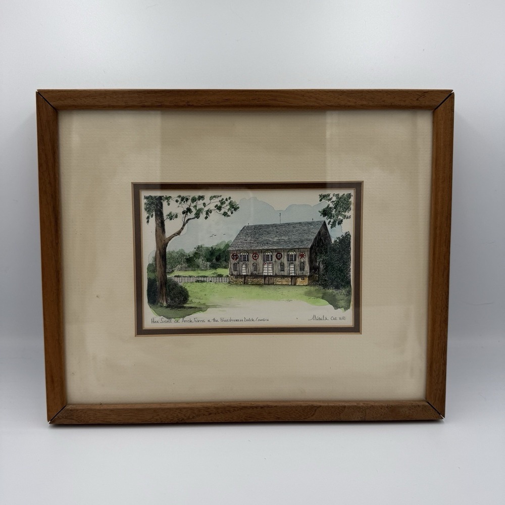 Vintage Watercolor Pennsylvania Dutch Country Amish Farm Painting Wood Frame‎